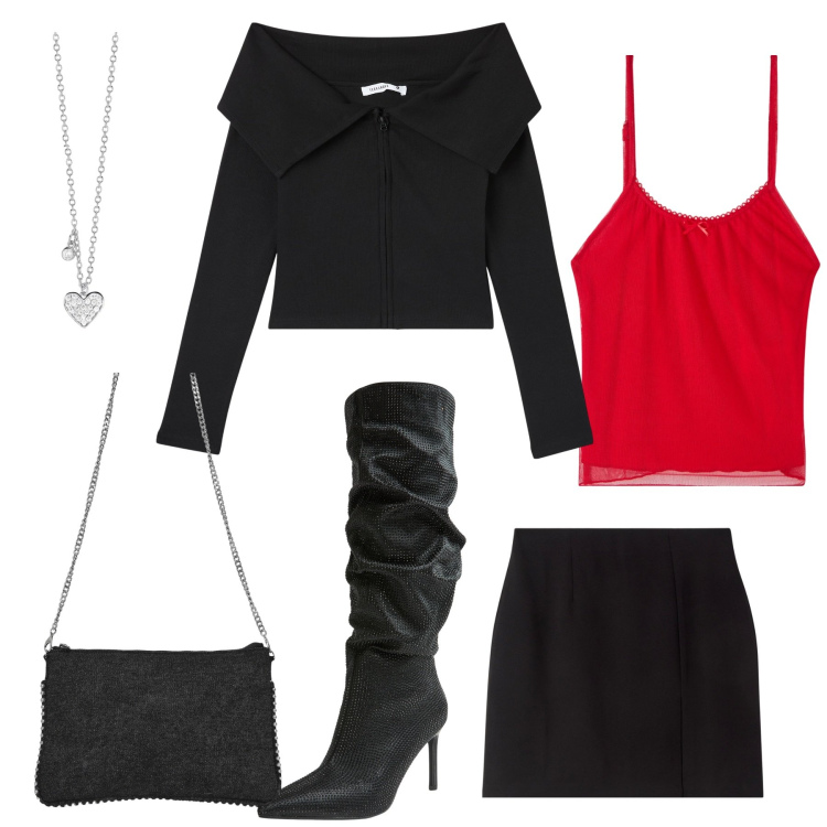 Outfit donna - Dettaglio rosso sotto al total black. Stile Sexy per Serata fuori. Abbinamento con minigonne, cardigans, top, borse a tracolla, stivali, collane.