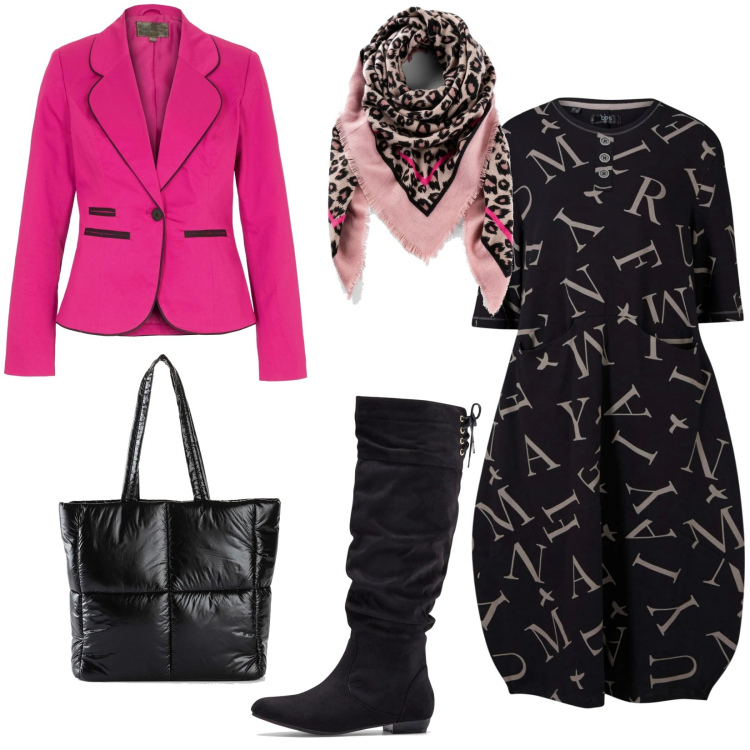 Outfit donna - Mix & Match. Stile Casual chic per Ufficio. Abbinamento con stivali, foulard, vestiti midi/longuette, blazer, shopping bag.