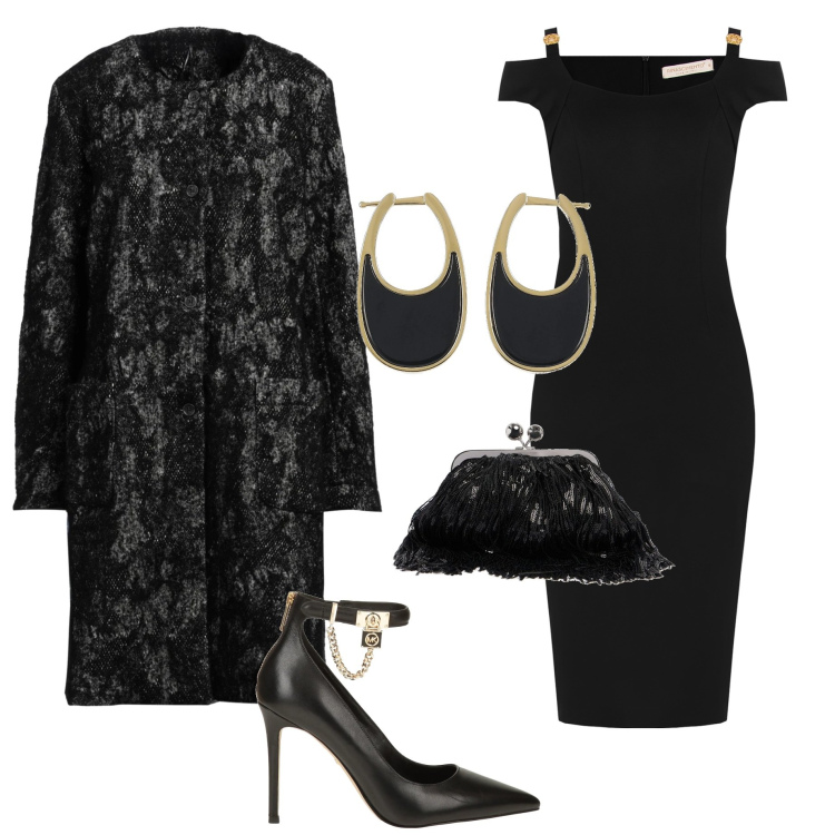 Outfit donna - Serata chic. Stile Chic per Serata fuori. Abbinamento con décolleté, cappotti, vestiti midi/longuette, orecchini, pochette.