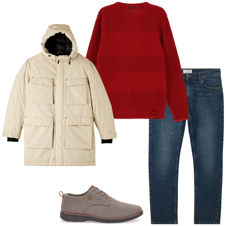Outfit uomo - Total look #2054287. Stile Casual per Tutti i giorni. Abbinamento con jeans, parka, maglieria, scarpe stringate.