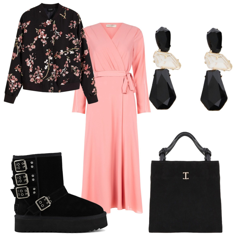 Outfit donna - Pesca e fibbie. Stile Boho per Ufficio. Abbinamento con bomber, vestiti chemisier, shopping bag, orecchini, stivaletti.