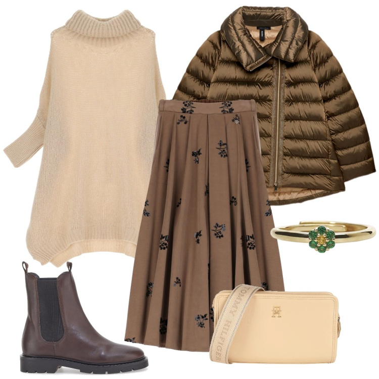 Outfit donna - Total look #2054306. Stile Casual chic per Tutti i giorni. Abbinamento con borse a tracolla, anelli, maglieria, gonne lunghe, stivaletti chelsea, piumini.