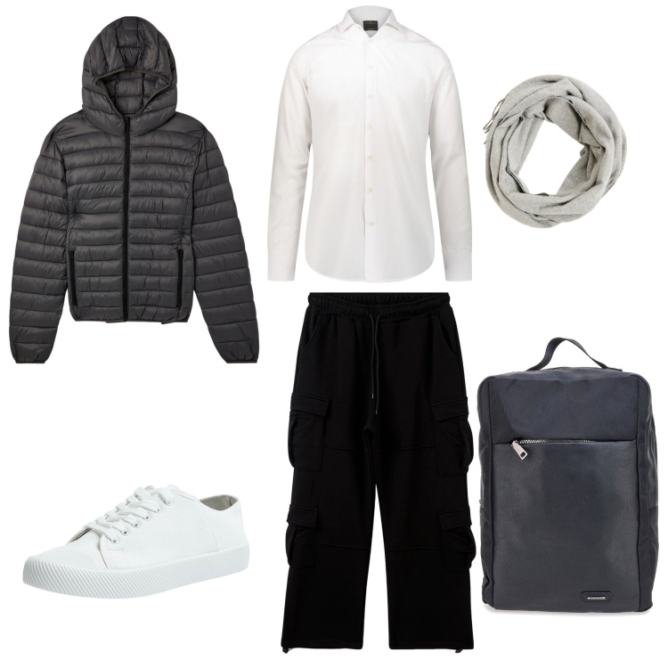 Outfit uomo - Man in the city. Stile Casual per Tutti i giorni. Abbinamento con sciarpe, giacche, pantaloni cargo, sneakers, camicie, borse sportive.