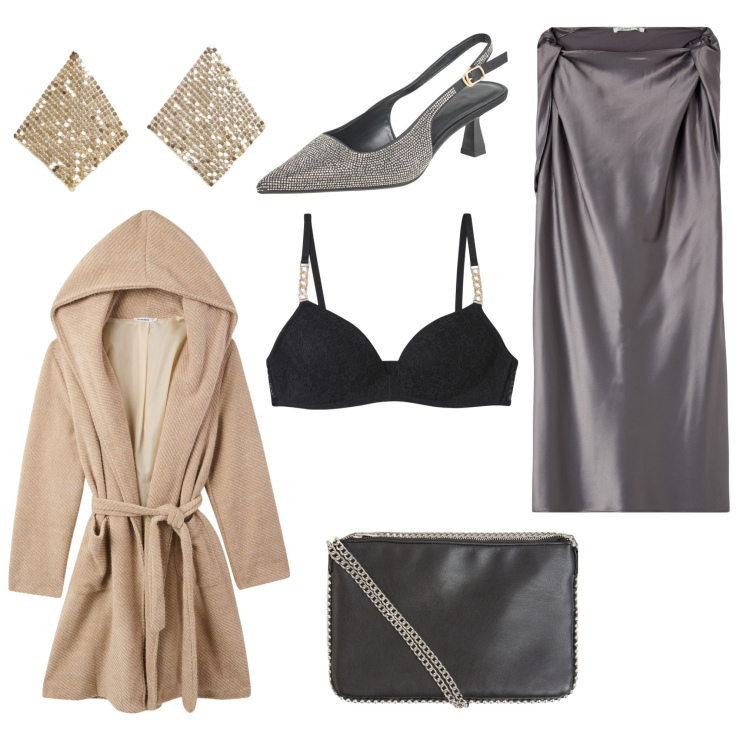 Outfit donna - Invito a cena. Stile Glamour per Serata fuori. Abbinamento con vestiti corti, borse a tracolla, cappotti, décolleté, orecchini, reggiseni.
