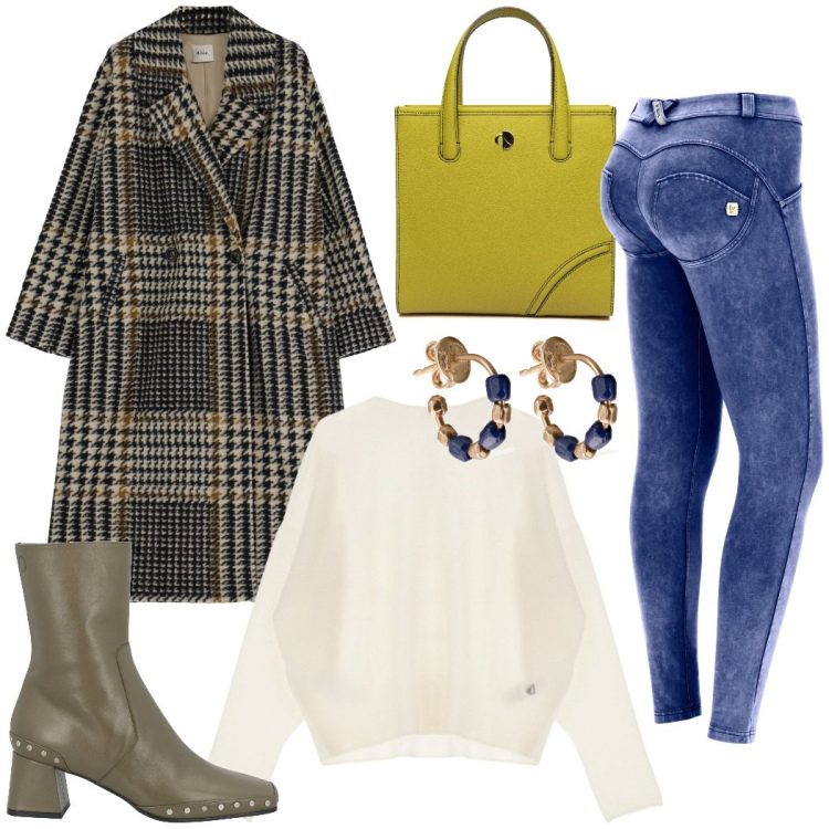 Outfit donna - Aperitivo dopo il lavoro. Stile Casual chic per Tutti i giorni. Abbinamento con stivaletti, pantaloni skinny, cappotti, pullovers, orecchini, shopping bag.