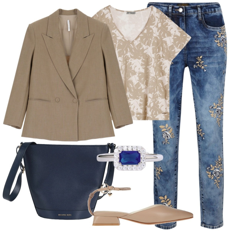 Outfit donna - Total look #2054313. Stile Trendy per Ufficio. Abbinamento con jeans, ballerine, borse a spalla, anelli, blazer, t-shirt.