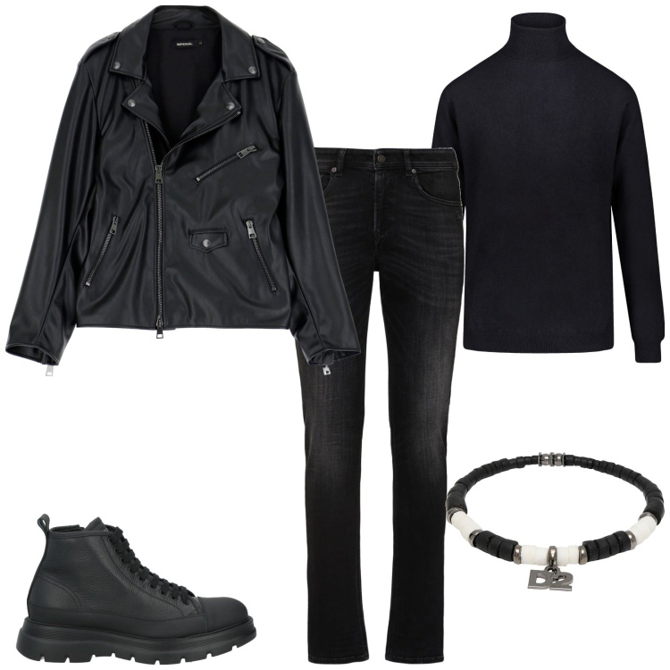 Outfit uomo - Rock and roll. Stile Biker Rock per Serata speciale. Abbinamento con braccialetti, stivali e stivaletti, giacche, maglieria, jeans skinny.
