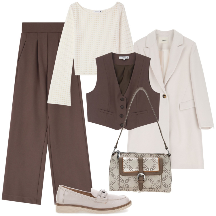 Outfit donna - Latte e nocciola H24. Stile Trendy per Tutti i giorni. Abbinamento con maglieria, gilet, pantaloni, cappotti, mocassini, borse a spalla.