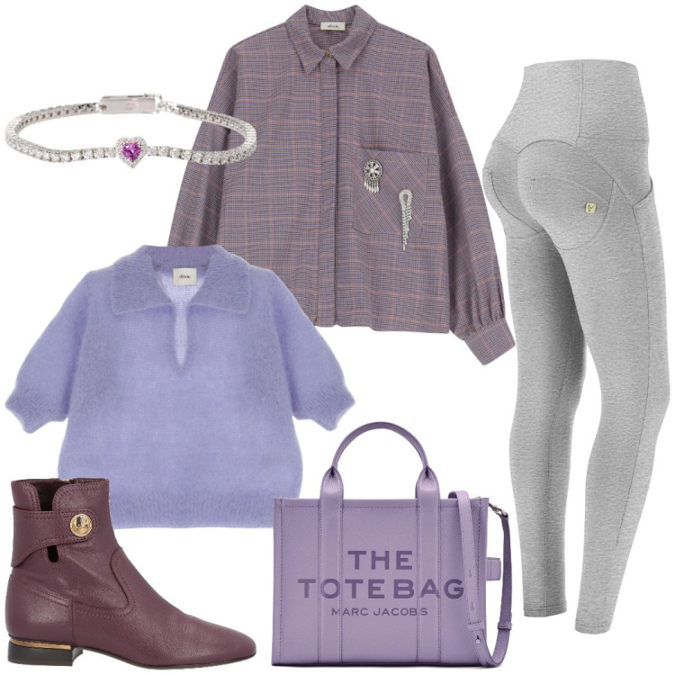 Outfit donna - Toni lilla. Stile Casual chic per Ufficio. Abbinamento con stivaletti, braccialetti, pantaloni skinny, maglieria, camicie, borse tote.