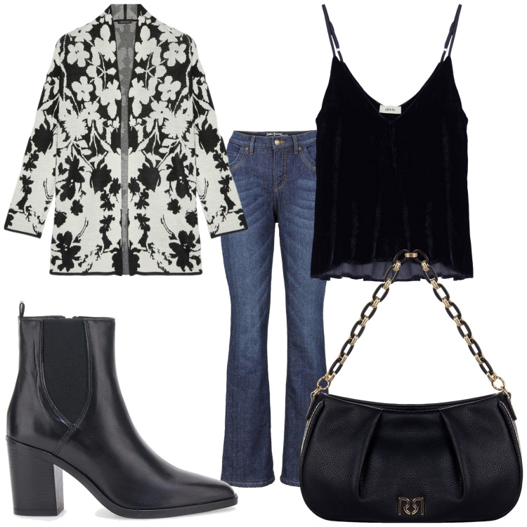 Outfit donna - Giacca fiori fiori e jeans. Stile Trendy per Tutti i giorni. Abbinamento con jeans bootcut, canottiere, borse a tracolla, stivaletti, cardigans.