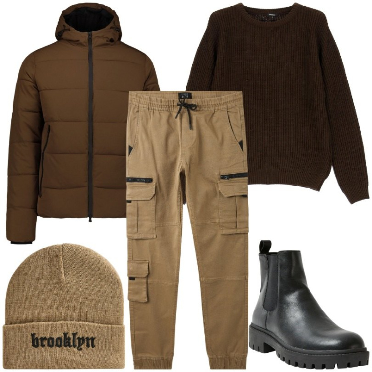 Outfit uomo - Pantaloni jogger cargo Beige. Stile Casual per Tutti i giorni. Abbinamento con stivali e stivaletti, pantaloni cargo, berretti, maglieria, piumini.