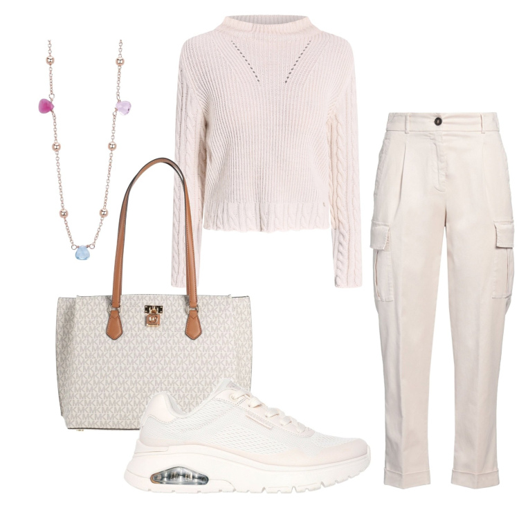 Outfit donna - Good girl. Stile Bon Ton per Tutti i giorni. Abbinamento con pantaloni cargo, borse a spalla, collane, maglieria, sneakers.