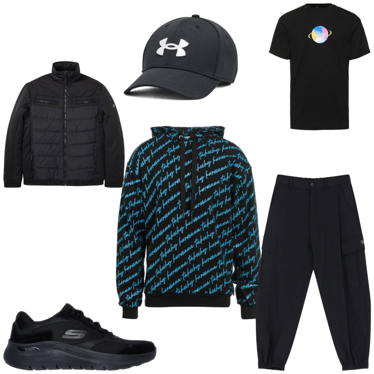Outfit uomo - Drip. Stile Casual per Tutti i giorni. Abbinamento con piumini, felpe con cappuccio, pantaloni cargo, cappelli, sneakers, t-shirt.