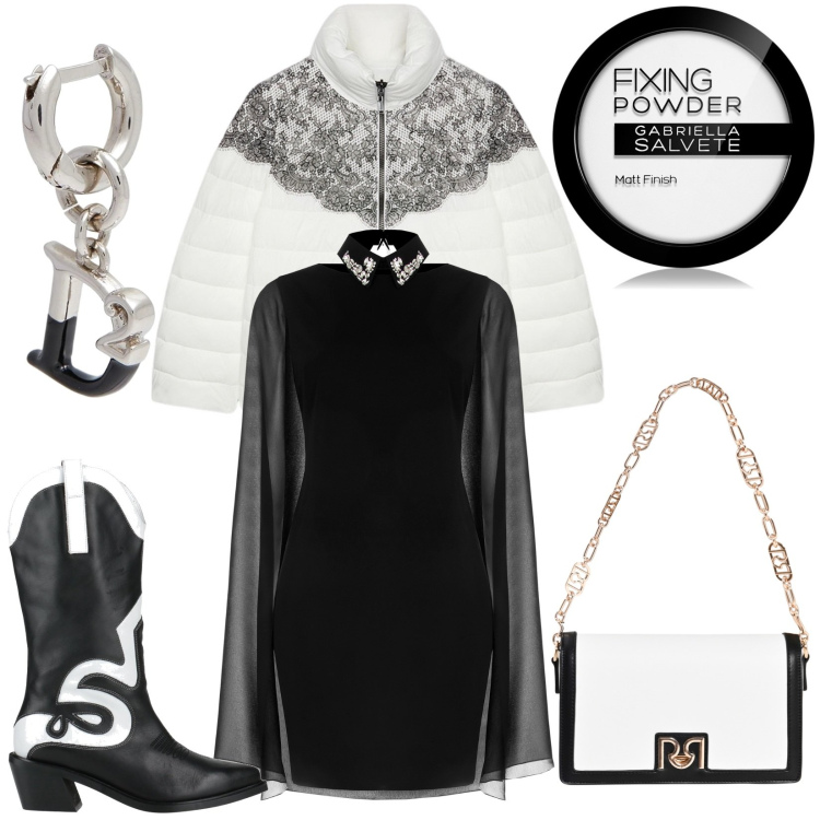 Outfit donna - D2. Stile Chic per Serata fuori. Abbinamento con orecchini, stivali, ciprie, vestiti a tubino, borse a tracolla, piumini.