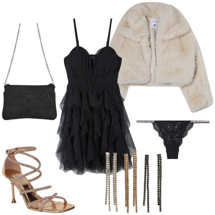 Outfit donna - Piccoli dettagli. Stile Sexy per Serata fuori. Abbinamento con blazer, vestiti corti, orecchini, culotte, sandali col tacco, borse a tracolla.