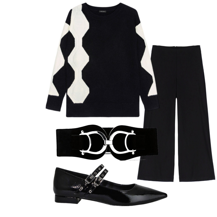 Outfit donna - Bianco e nero. Stile Casual per Tutti i giorni. Abbinamento con cinture, pantaloni, ballerine, maglieria.