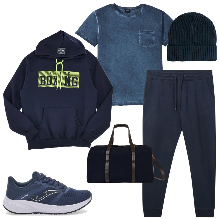 Outfit uomo - All\' allenamento. Stile Casual per Sport. Abbinamento con t-shirt, berretti, pantaloni, sneakers, felpe con cappuccio, borse sportive.