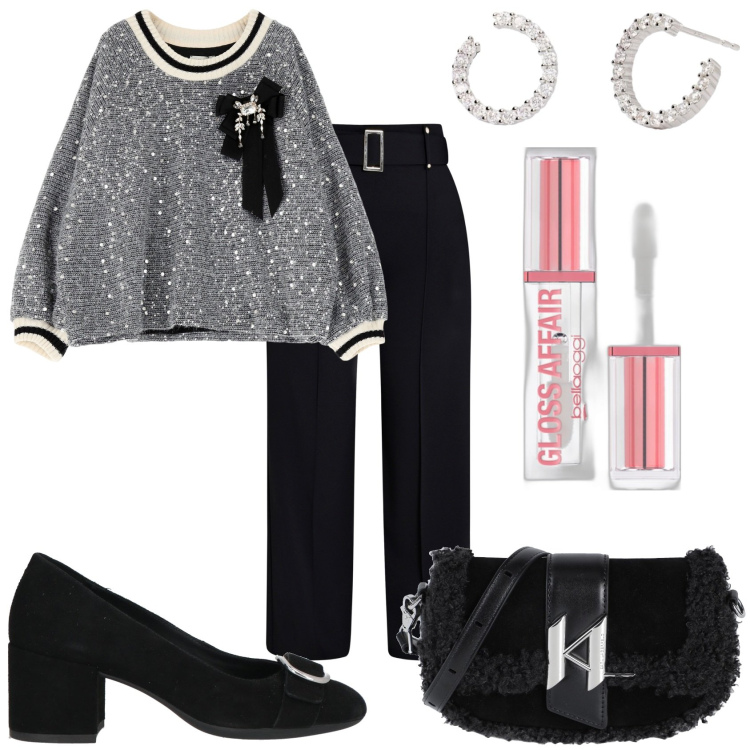 Outfit donna - Una serata particolare. Stile Glamour per Serata fuori. Abbinamento con borse a spalla, décolleté, gloss, orecchini, pantaloni, felpe.