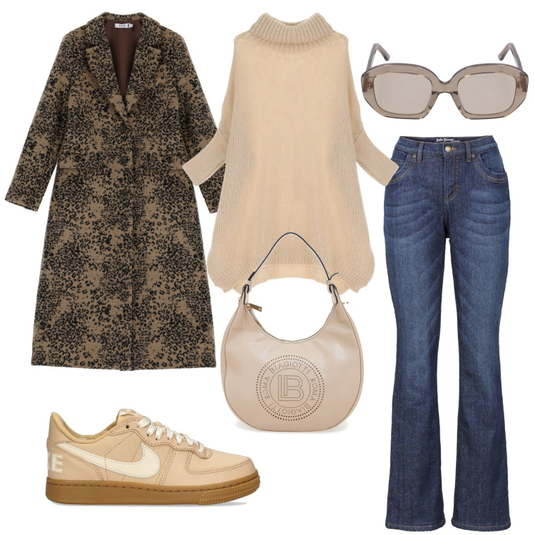 Outfit donna - Cappotto decorato. Stile 70s per Tutti i giorni. Abbinamento con jeans bootcut, cappotti, maglieria, sneakers, occhiali da sole, borse a spalla.