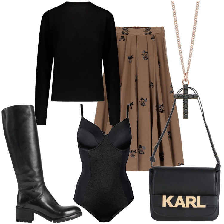 Outfit donna - Gonna lunga con fiori di paillettes. Stile Casual chic per Tutti i giorni. Abbinamento con body, stivali, borse a mano, collane, gonne lunghe, maglieria.