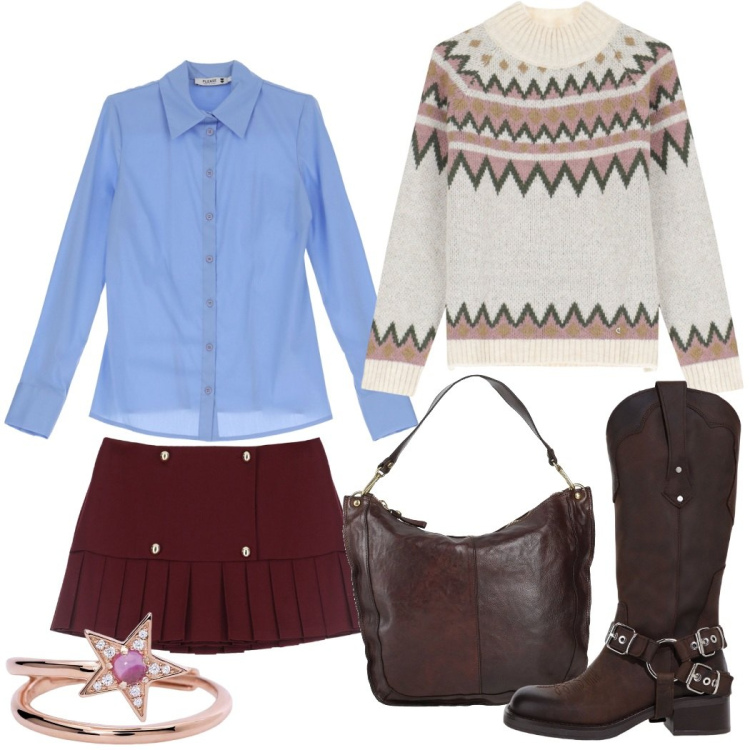 Outfit donna - Sabato pomeriggio. Stile Trendy per Tutti i giorni. Abbinamento con borse a spalla, camicie, maglieria, anelli, minigonne, stivali.