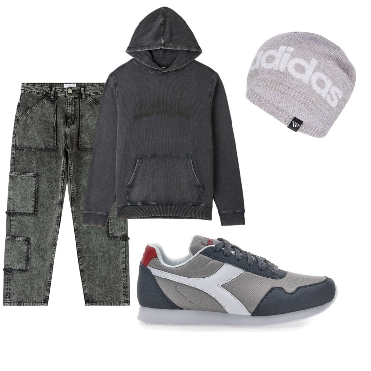 Outfit uomo - Le sneakers Diadora. Stile Casual per Tutti i giorni. Abbinamento con felpe con cappuccio, jeans, sneakers, berretti.