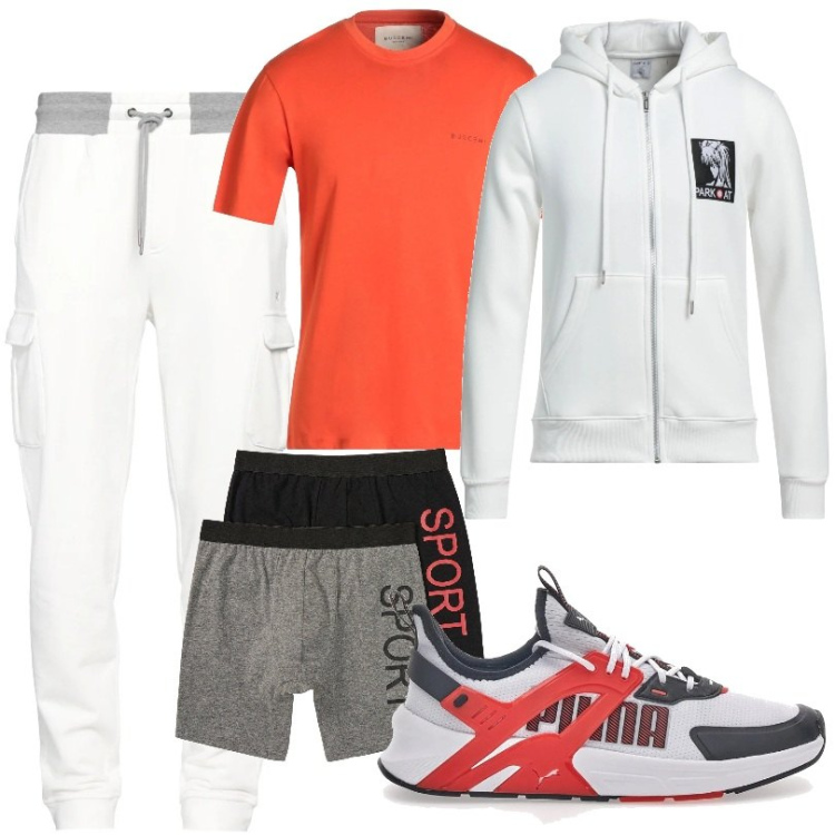 Outfit uomo - Sport. Stile Urban per Sport. Abbinamento con felpe con cappuccio, t-shirt, pantaloni, boxer, sneakers.