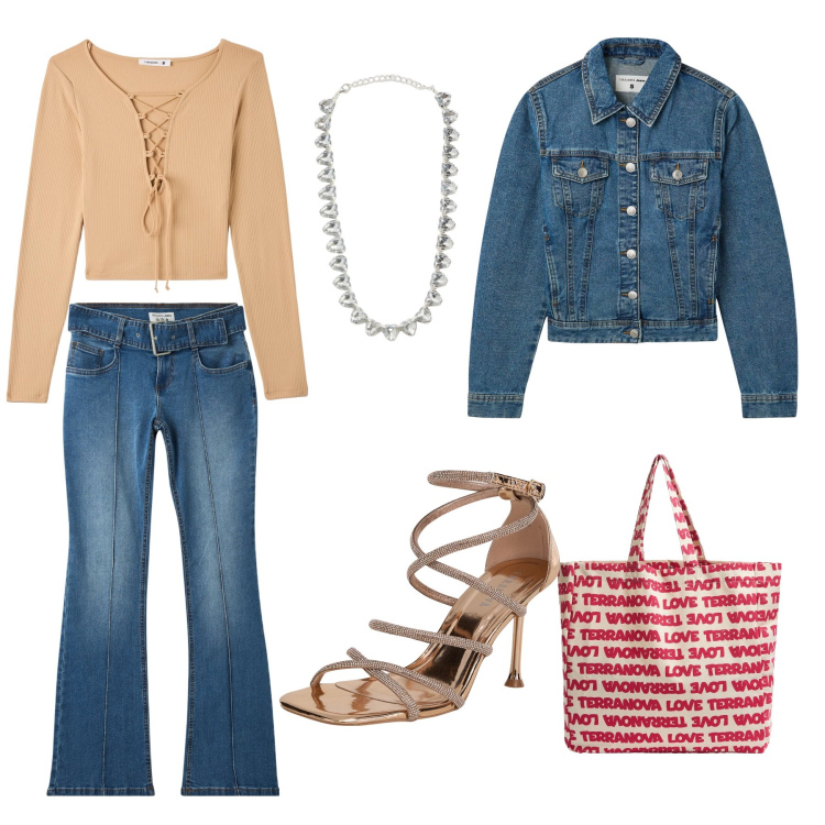 Outfit donna - Sportiva e chic. Stile Sporty chic per Serata fuori. Abbinamento con blazer, collane, t-shirt, jeans a zampa, sandali col tacco, borse tote.