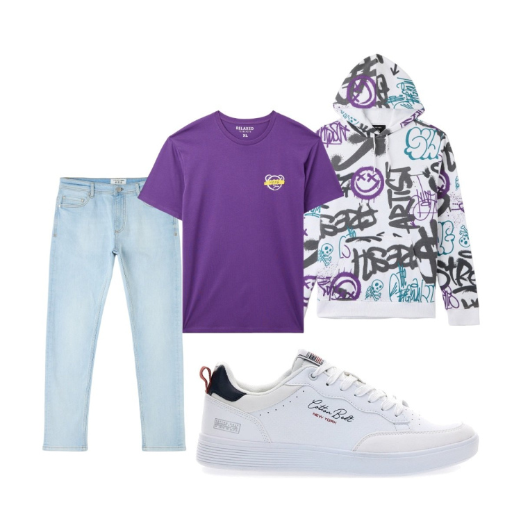 Outfit uomo - Total look #2054382. Stile Casual per Tutti i giorni. Abbinamento con t-shirt, jeans skinny, felpe con cappuccio, sneakers.