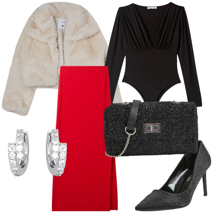 Outfit donna - Look accattivante. Stile Sexy per Serata fuori. Abbinamento con blazer, décolleté, borse a tracolla, gonne lunghe, body, orecchini.