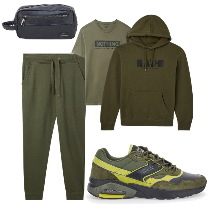 Outfit uomo - Total look #2054384. Stile Casual per Sport. Abbinamento con felpe con cappuccio, pantaloni, t-shirt, borse sportive, sneakers.