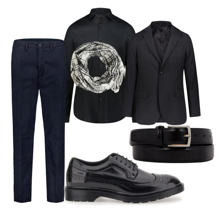 Outfit uomo - Total black. Stile Trendy per Serata speciale. Abbinamento con sciarpe, camicie, scarpe stringate, giacche, pantaloni, cinture.