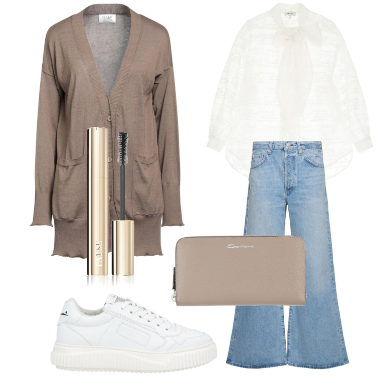 Outfit donna - Total look #2054392. Stile Basic per Tutti i giorni. Abbinamento con cardigans, portafogli, sneakers, mascara, camicie, jeans.