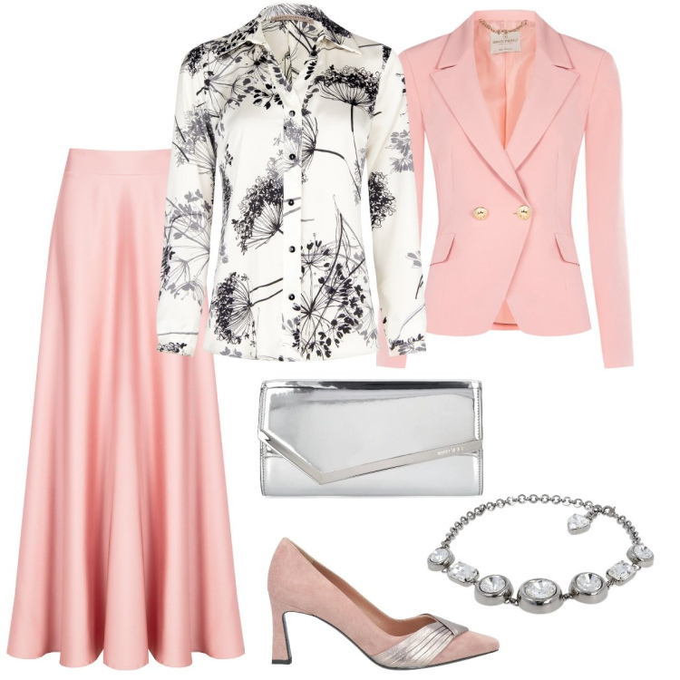 Outfit donna - Rinascimento SS2025. Stile Romantica per Cerimonia. Abbinamento con décolleté, blazer, gonne, camicie, collane, pochette.