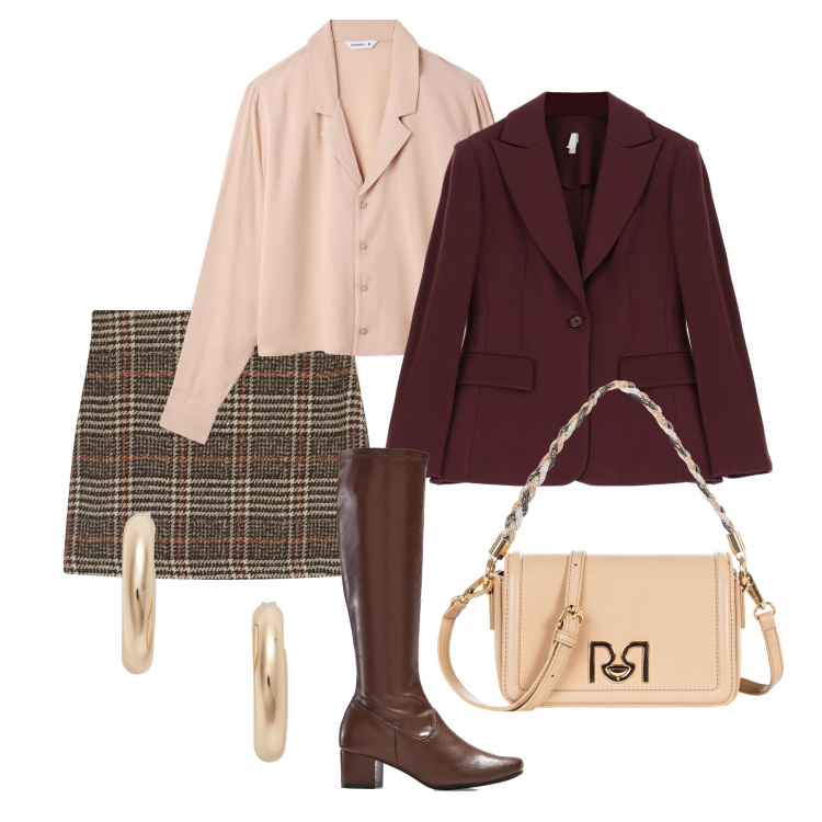 Outfit donna - Mini check e stivali elasticizzati. Stile Glamour per Ufficio. Abbinamento con stivali, camicie, borse a tracolla, blazer, minigonne, orecchini.
