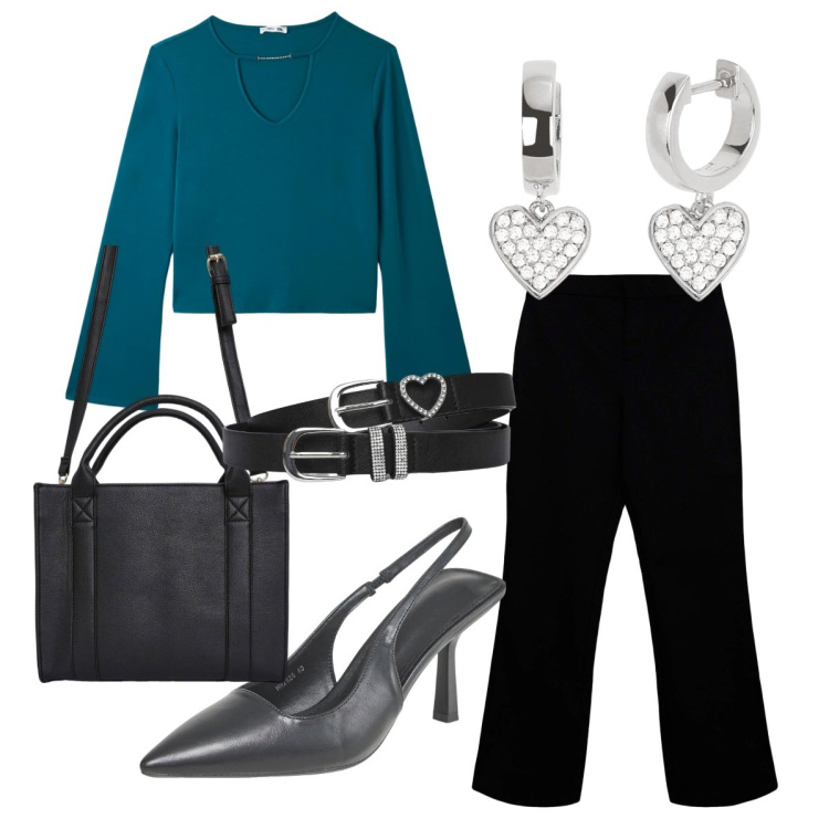 Outfit donna - Buon San Valentino. Stile Bon Ton per Serata fuori. Abbinamento con borse tote, t-shirt, décolleté, pantaloni, cinture, orecchini.