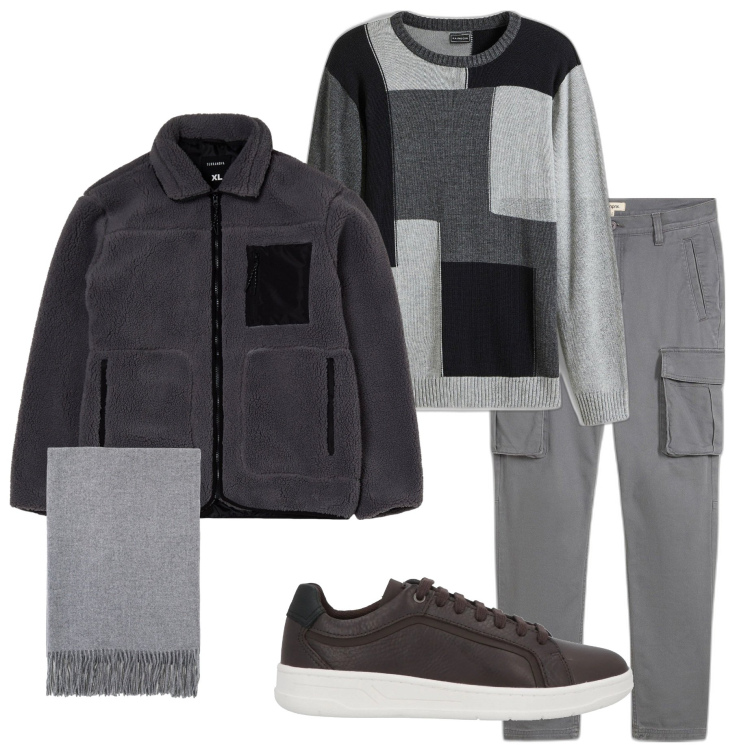 Outfit uomo - In città. Stile Casual per Tutti i giorni. Abbinamento con pantaloni cargo, maglieria, sneakers, giacche, sciarpe.