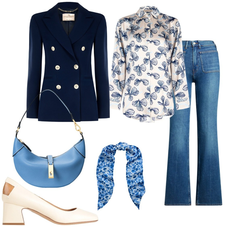 Outfit donna - Fiori azzurri. Stile Casual chic per Tutti i giorni. Abbinamento con décolleté, camicie, blazer, jeans bootcut, borse a spalla, sciarpe.