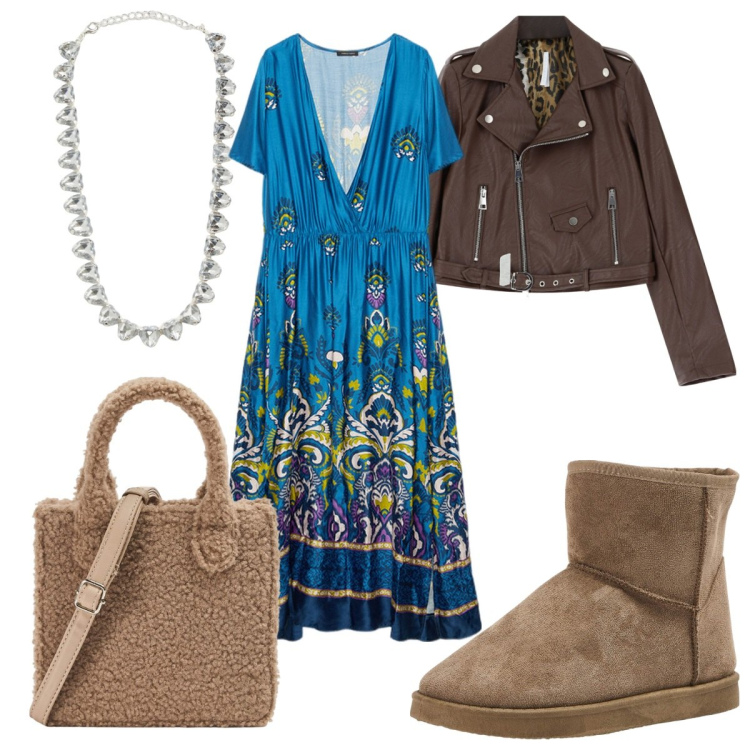 Outfit donna - Total look #2054442. Stile Bon Ton per Tutti i giorni. Abbinamento con collane, shopping bag, stivaletti, giacche, vestiti lunghi.