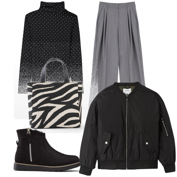Outfit donna - Fuori fa freddo. Stile Basic per Tutti i giorni. Abbinamento con stivaletti, borse a mano, t-shirt, bomber, pantaloni.
