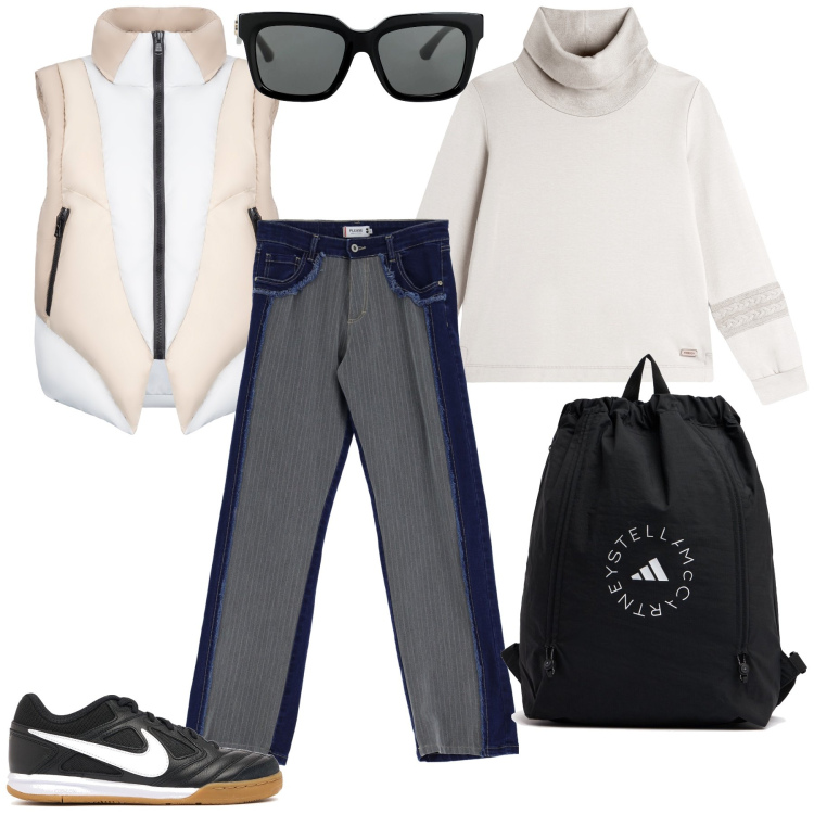 Outfit donna - In treno. Stile Sporty chic per Tutti i giorni. Abbinamento con occhiali da sole, jeans, felpe, piumini, zaini, sneakers.
