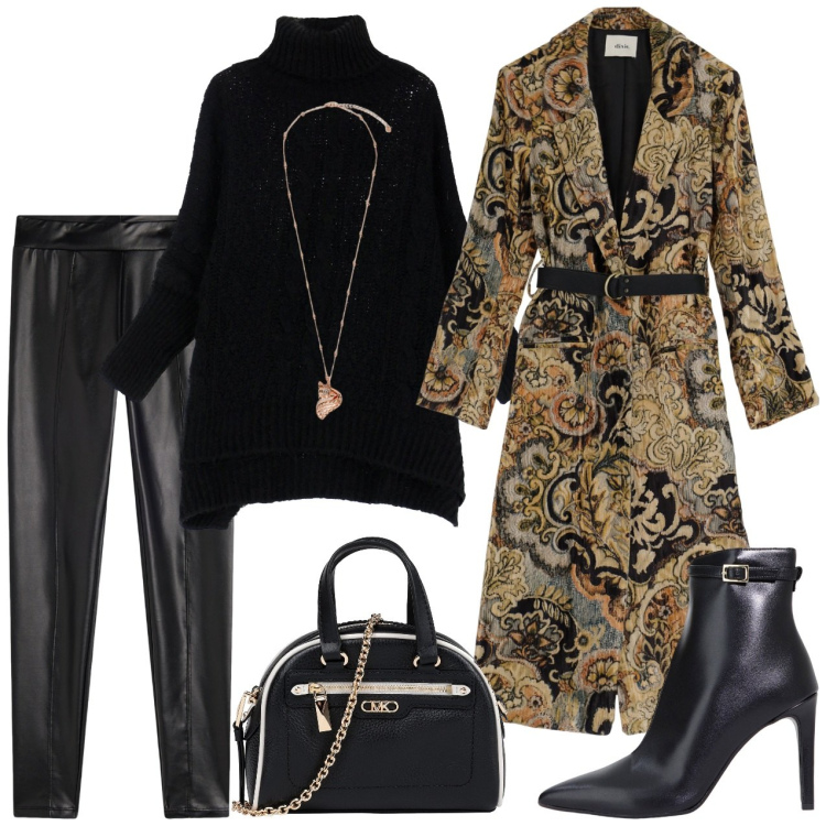 Outfit donna - Aperitivo con le amiche. Stile Casual chic per Serata fuori. Abbinamento con borse a mano, maglieria, trench, stivaletti, treggings, ciondoli.