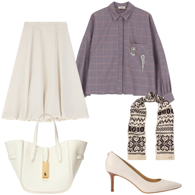 Outfit donna - Una originale camicetta. Stile Chic per Ufficio. Abbinamento con gonne longuette, camicie, borse tote, décolleté, sciarpe.