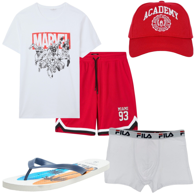 Outfit uomo - Vado in spiaggia. Stile Urban per Tutti i giorni. Abbinamento con sandali, cappelli, t-shirt, bermuda, boxer.