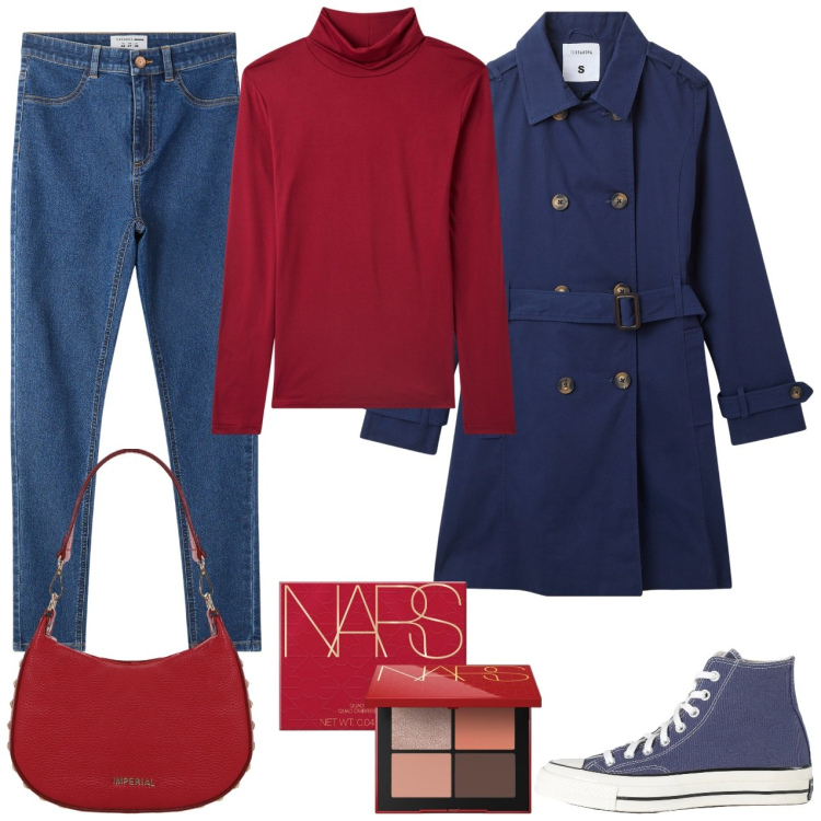 Outfit donna - Trench blu. Stile Casual per Tutti i giorni. Abbinamento con sneakers alte, ombretti, jeggings, maglieria, trench, borse a spalla.