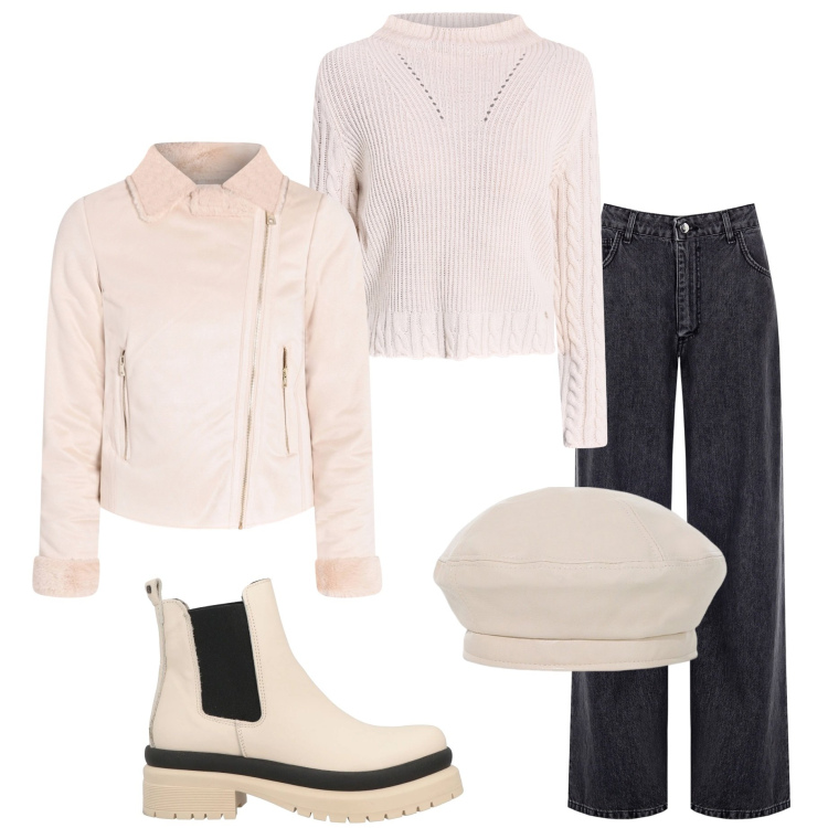 Outfit donna - Rinascimento. Stile Casual chic per Ufficio. Abbinamento con stivaletti, cappelli e berretti, jeans, maglieria, giacche.