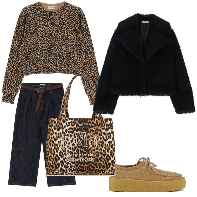 Outfit donna - Il maculato di giorno. Stile Casual per Tutti i giorni. Abbinamento con blazer, cardigans, jeans, mocassini, shopping bag.