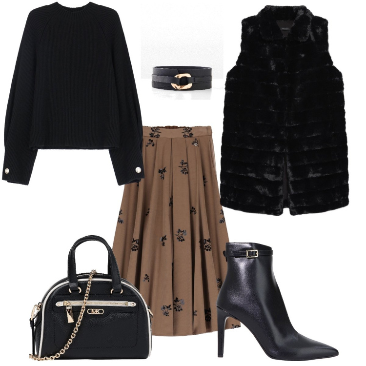 Outfit donna - Ragazza in carriera. Stile Glamour per Ufficio. Abbinamento con cinture, borse a mano, gonne lunghe, stivaletti, maglieria, gilet.