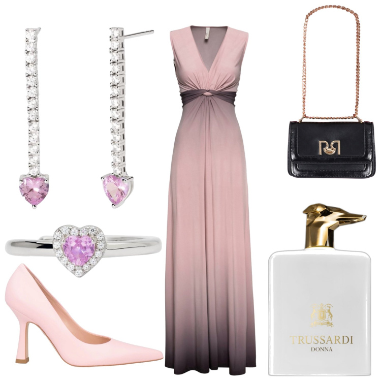 Outfit donna - Aperitivo. Abbinamento con vestiti, décolleté, profumi, anelli, orecchini, borse a tracolla.