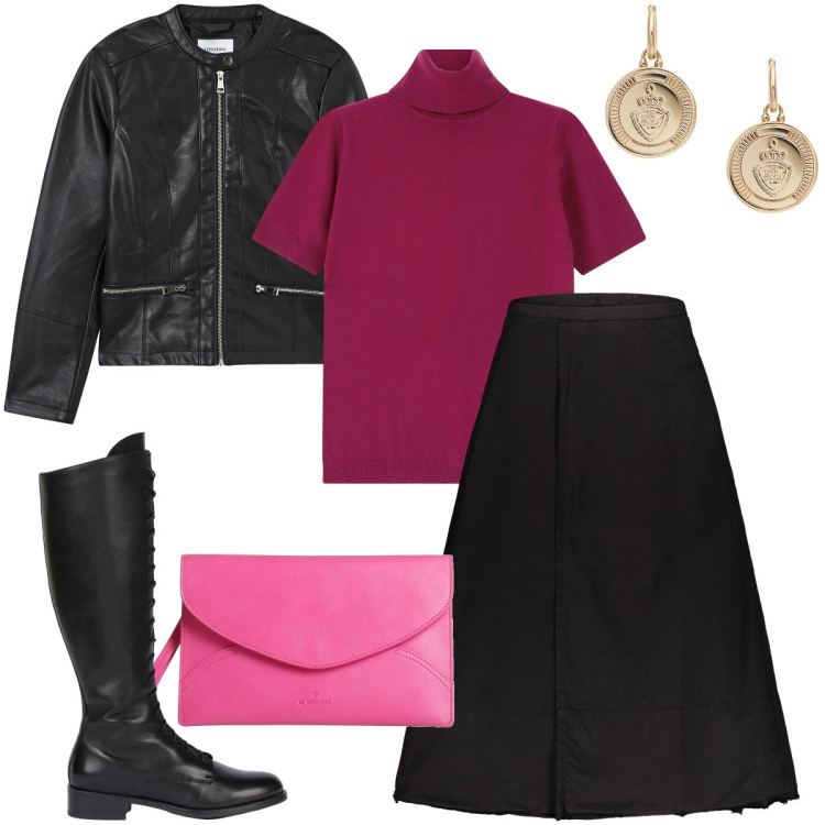 Outfit donna - Il dolcevita lampone. Stile Rock per Serata fuori. Abbinamento con borse a mano, blazer, maglieria, orecchini, gonne lunghe, stivali.